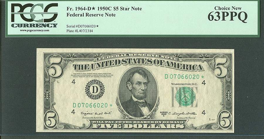 Fr.1964-D*, 1950C $5 Star Note, ChCU, PCGS63-PPQ